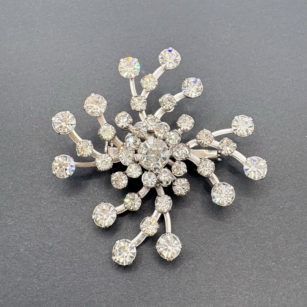 Vintage Atomic Starburst‎ Crystal Floral Swirl Snowflake Brooch Silver Tone 2"